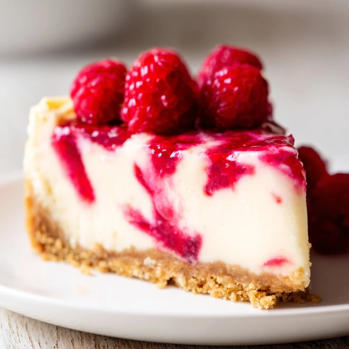 Velvety creamy raspberry cheesecake displaying marbled raspberry sauce and golden brown crust base