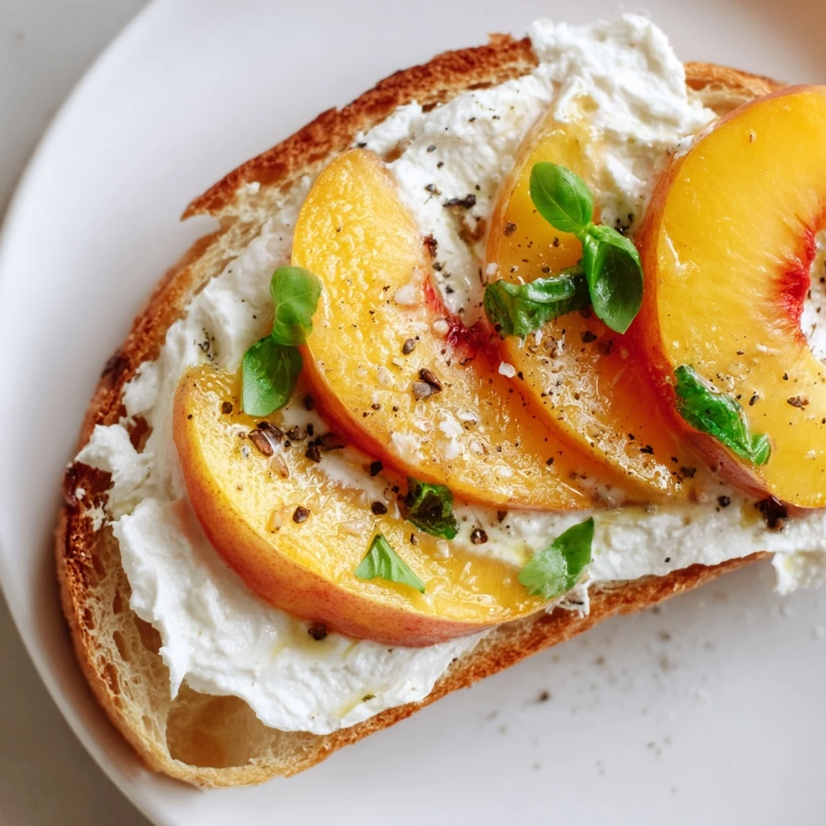 Fresh peach slices atop whipped ricotta bruschetta sprinkled with basil and black pepper
