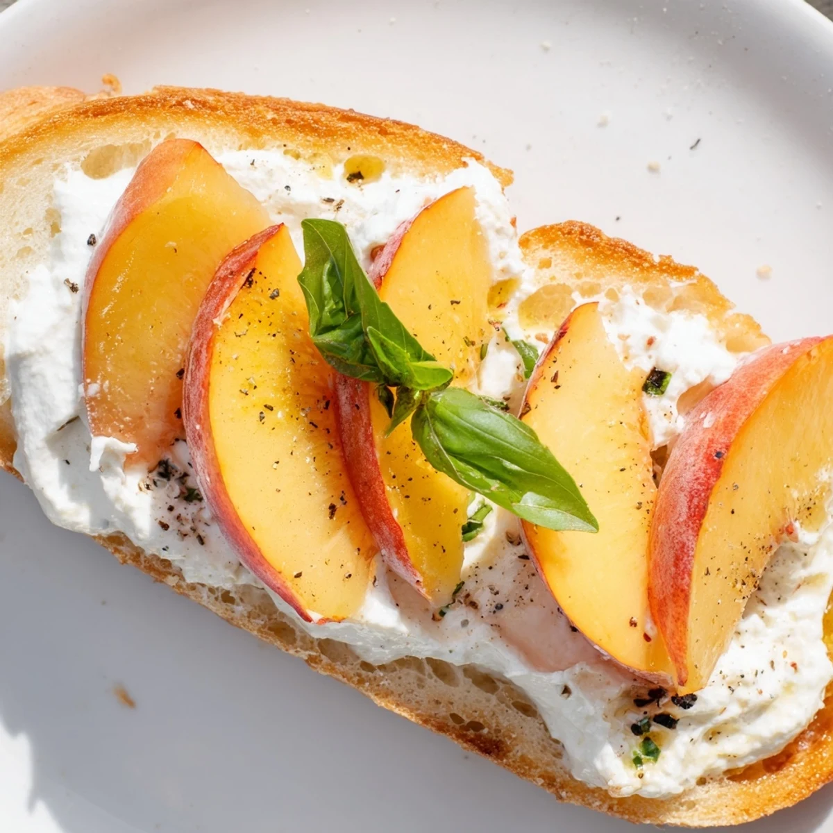 Golden peach bruschetta with creamy whipped ricotta on toasted rustic bread slices