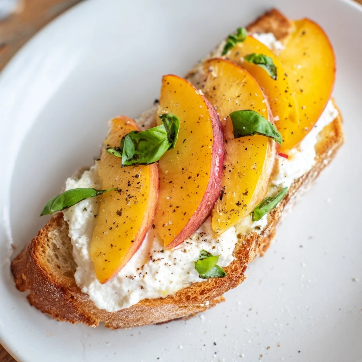 Summer appetizer of peach bruschetta featuring fluffy ricotta spread on crispy baguette toasts