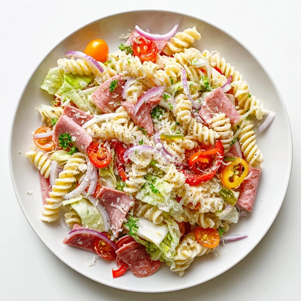 Hearty rotini pasta salad tossed with salami, ham, provolone, cherry tomatoes, and tangy pepperoncini peppers