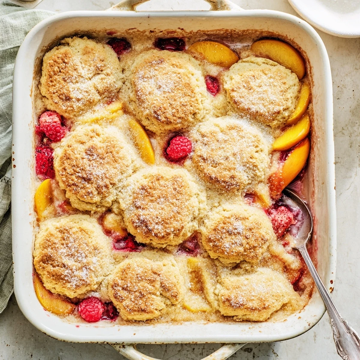 Warm summer peach and raspberry cobbler sprinkled with coarse sugar and golden brown crust