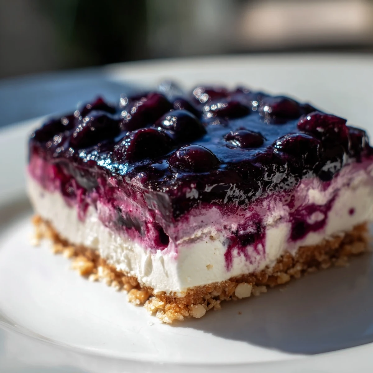 Holiday sweet and tangy blueberry jamboree square with glistening blueberries, fluffy cheesecake center, and crunchy pecan base on white plate