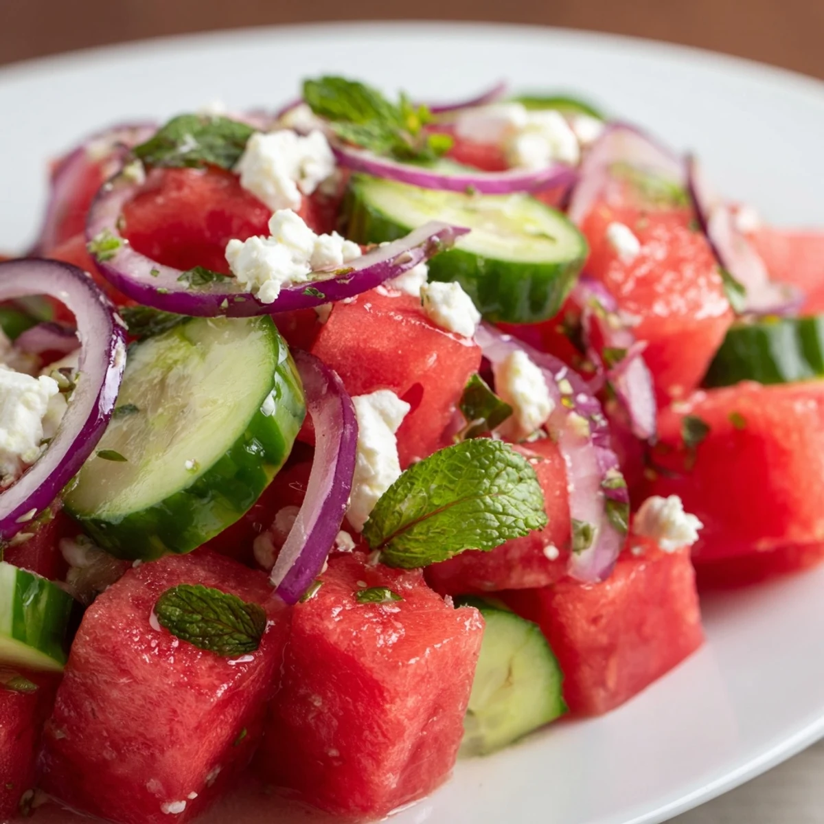 Fresh watermelon feta salad bowl with juicy red cubes, crumbled white cheese, cucumber, and bright mint leaves drizzled with olive oil dressing