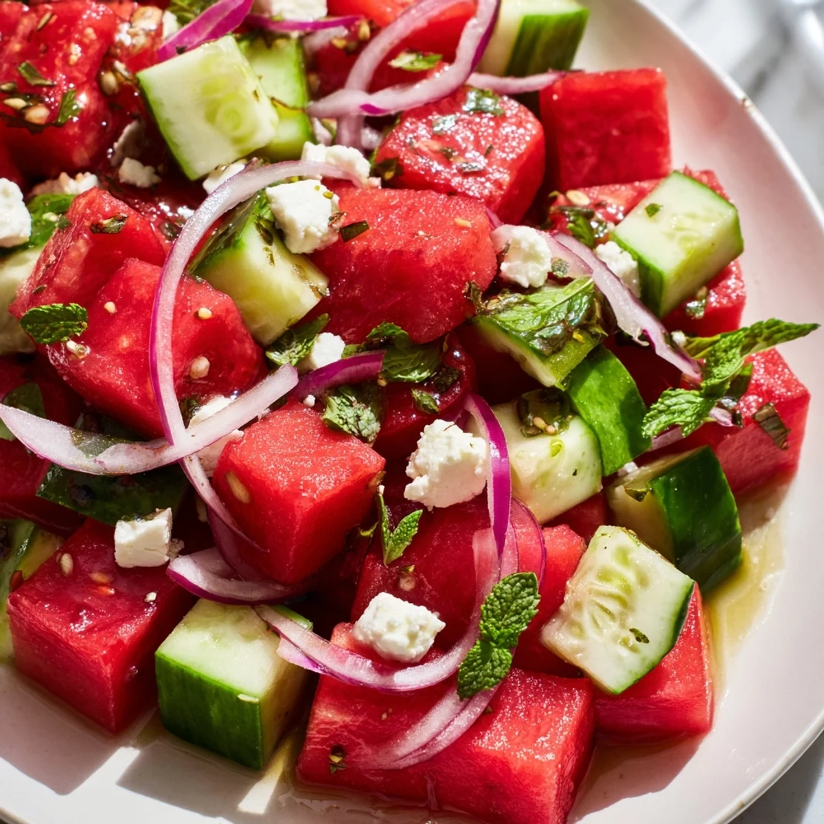 Colorful summer watermelon feta salad served in glass bowl featuring layered red melon chunks, creamy feta crumbles, crisp cucumber, and fresh green mint garnish