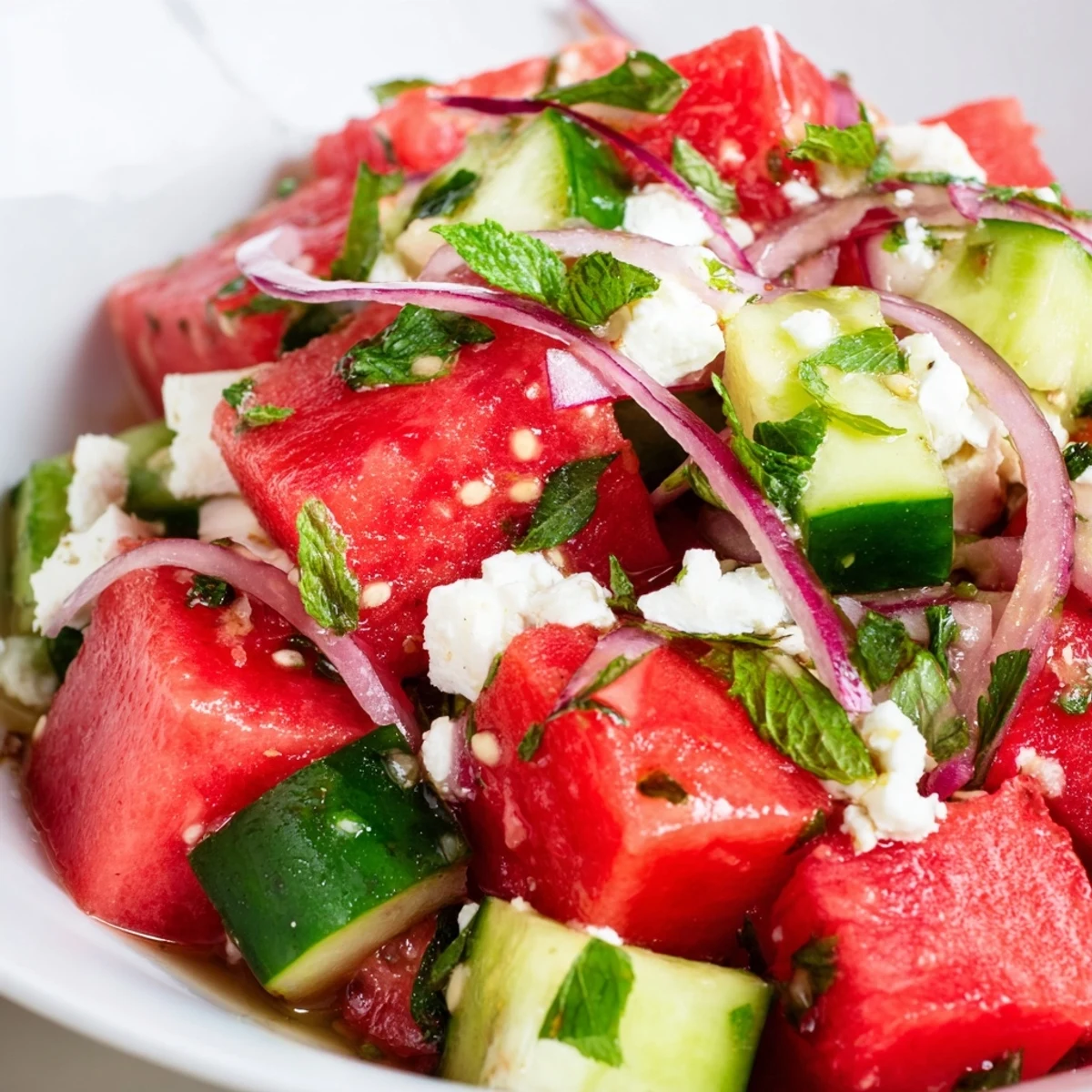Mediterranean-style watermelon feta salad with vibrant red fruit, tangy white cheese, diced cucumber, and aromatic mint leaves tossed in lime vinaigrette