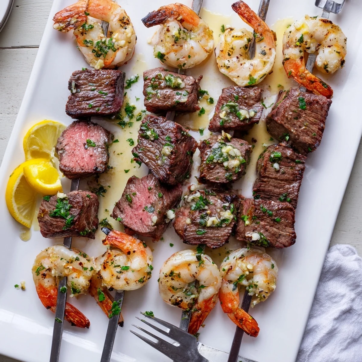 Golden Grilled Steak and Shrimp Skewers brushed with melted garlic butter sauce on a wooden platter