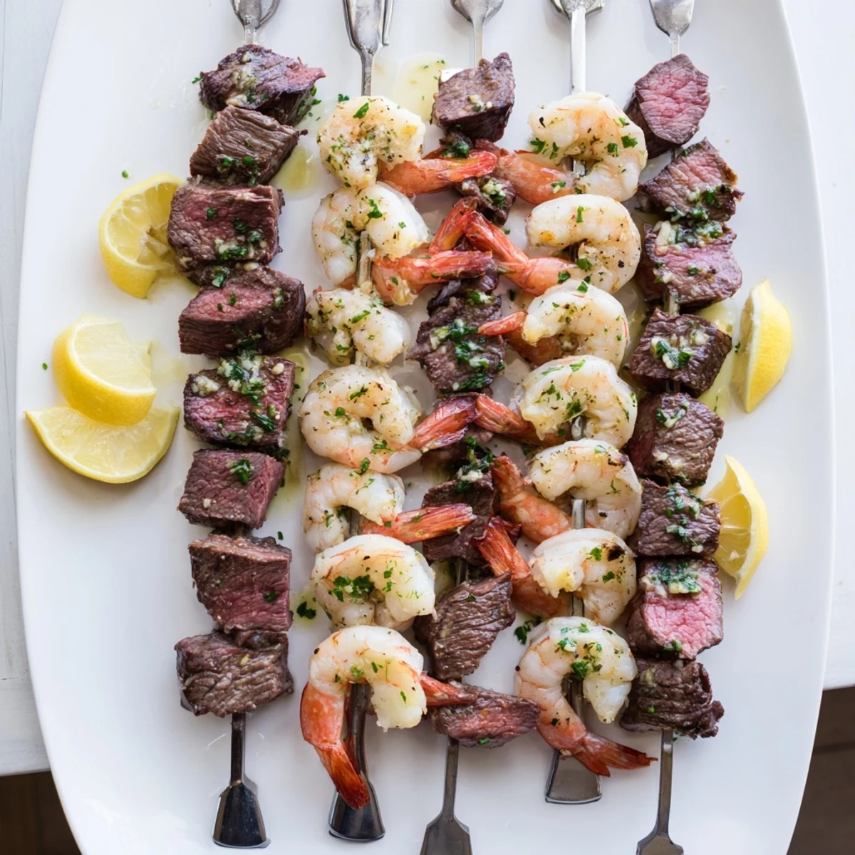 Succulent steak cubes and jumbo shrimp threaded on metal skewers glistening with rich garlic parsley butter