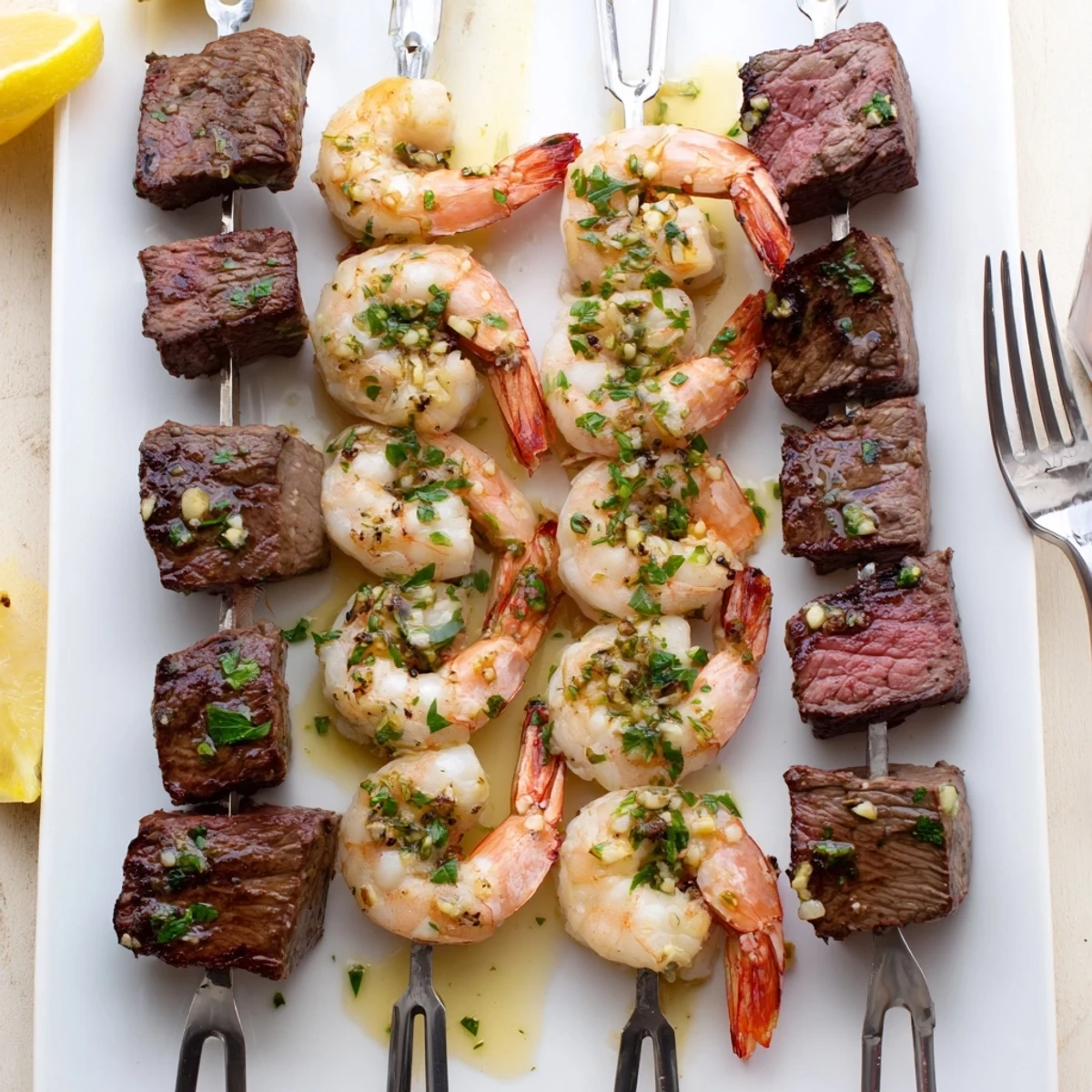 Perfectly charred surf and turf skewers drizzled with warm garlic butter sauce and garnished with fresh parsley