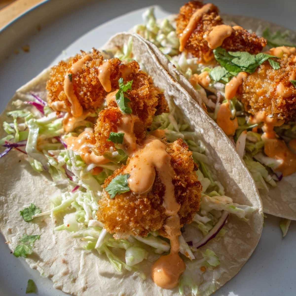 Homemade Bang Bang shrimp tacos featuring panko-coated shrimp, tangy sauce, and zesty lime garnish