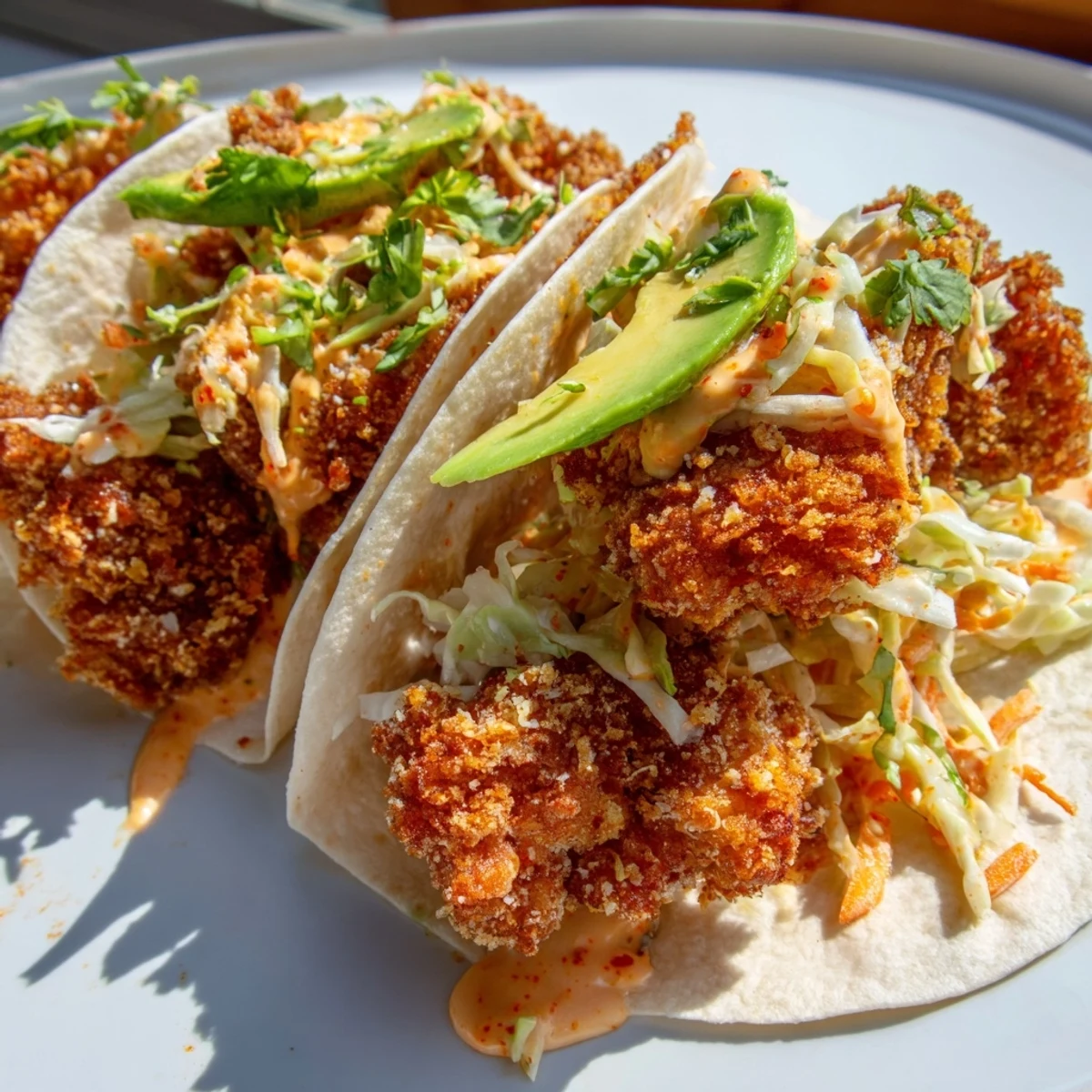 Warm flour tortillas stuffed with breaded Bang Bang shrimp, fresh avocado slices, and crisp cabbage slaw