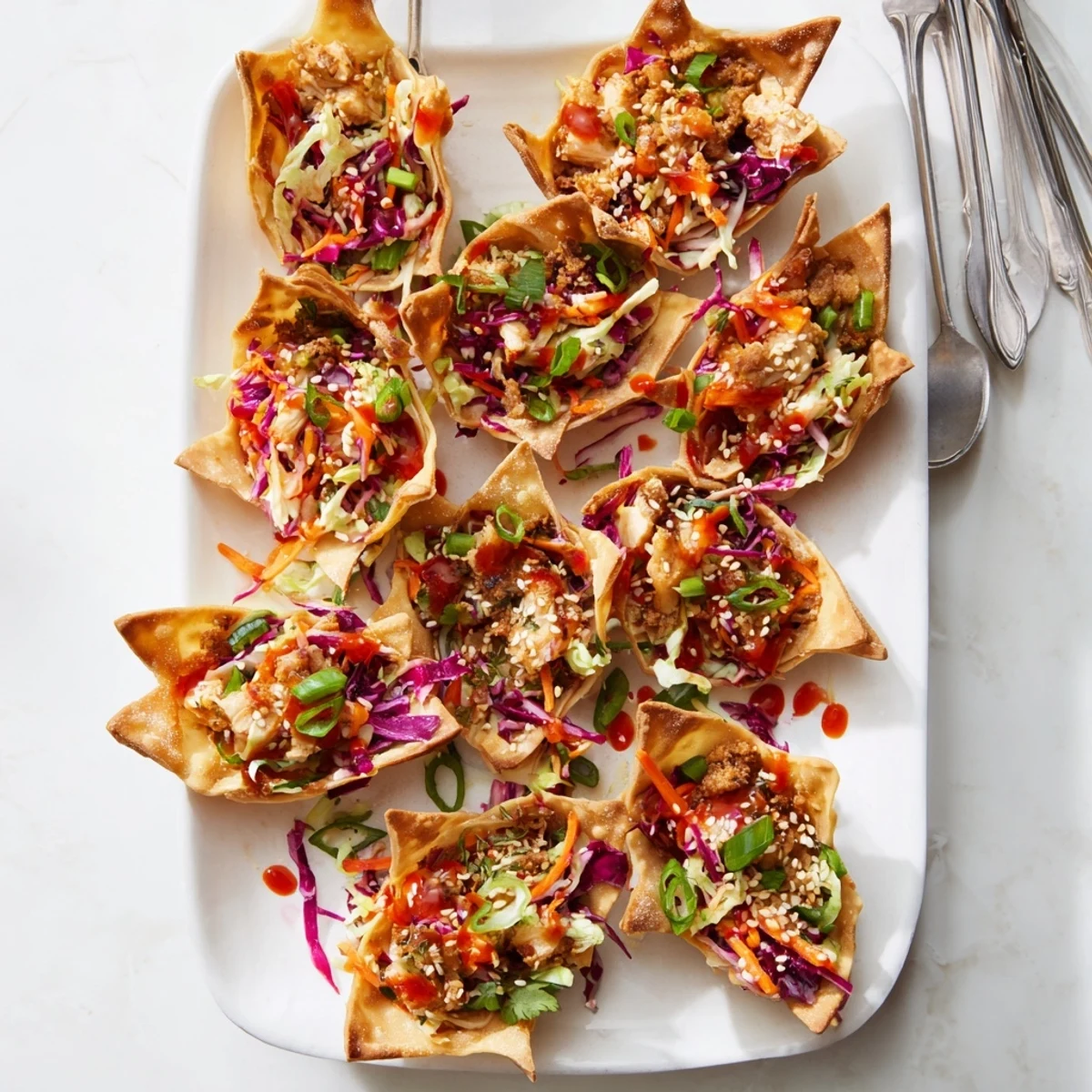 Golden crispy chicken wonton tacos piled with colorful Asian slaw and sweet chili glaze