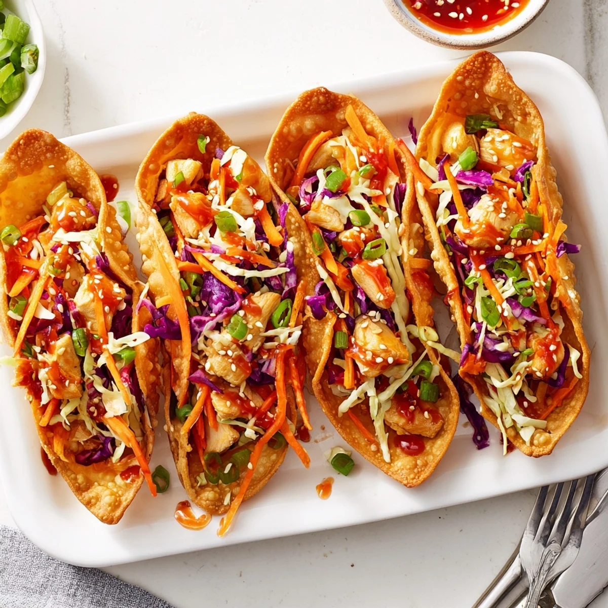 Fusion chicken wonton tacos featuring crunchy vegetables and tangy sweet chili sauce drizzle