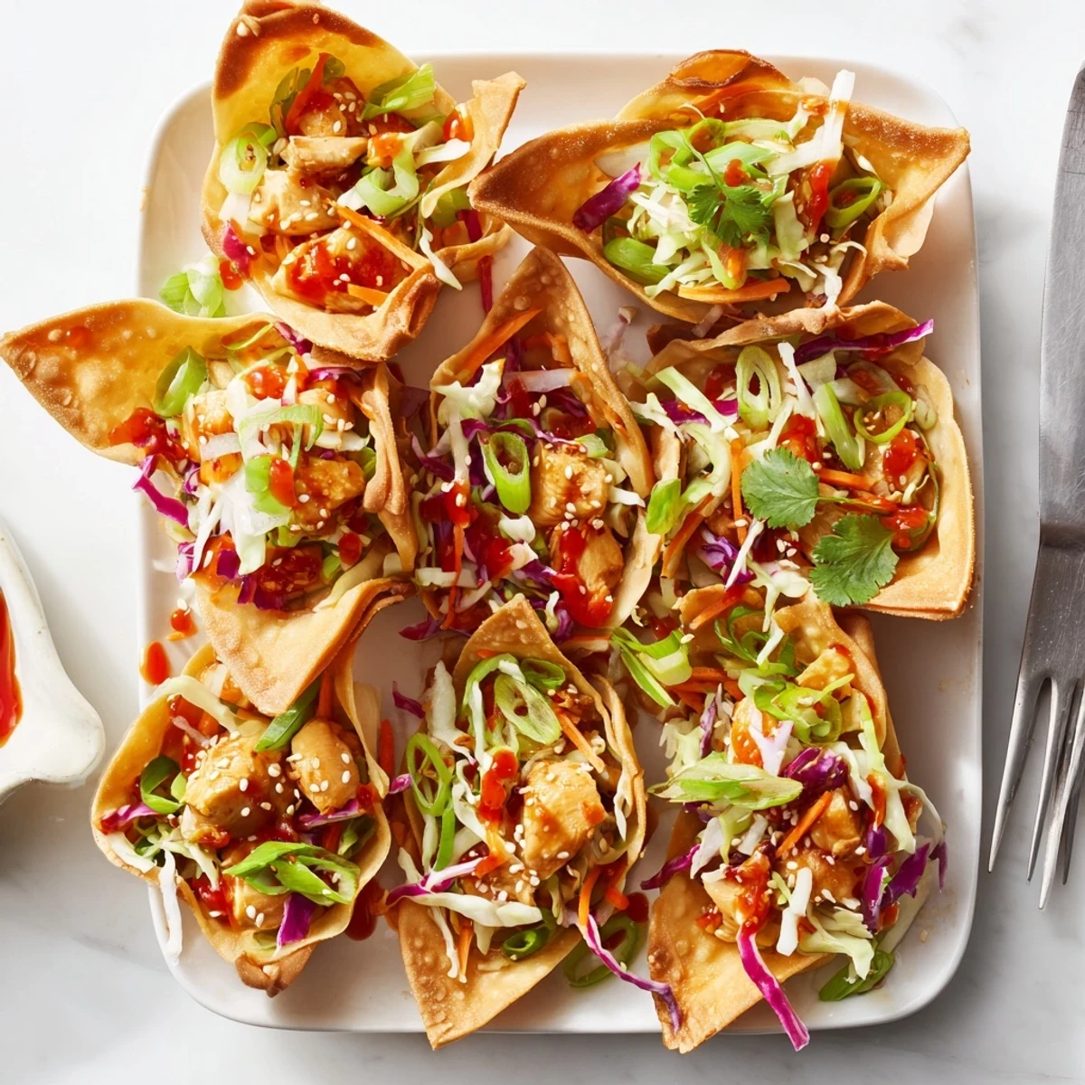 Homemade crispy wonton tacos stuffed with savory chicken and fresh Asian cabbage slaw topping