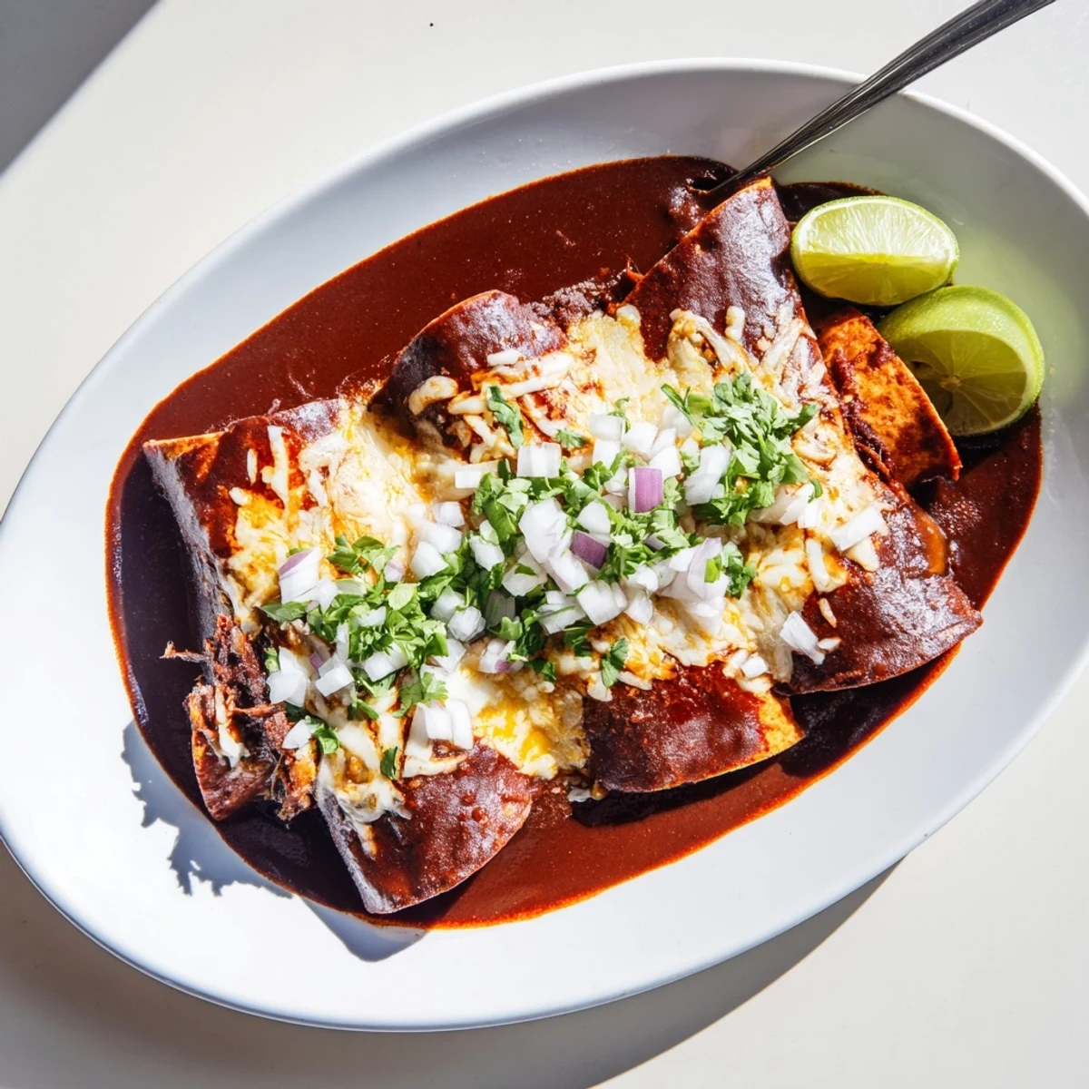 Birria enchiladas featuring tender shredded beef wrapped in corn tortillas and topped with melted Oaxaca cheese