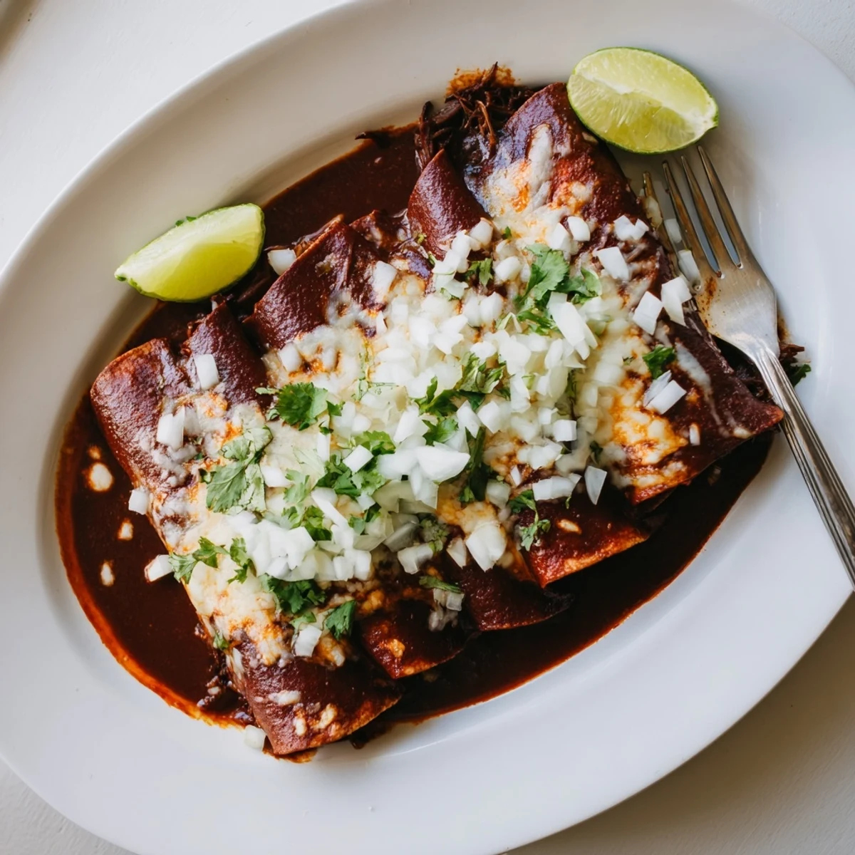 Baked birria enchiladas garnished with fresh cilantro, diced onion, and served with lime wedges