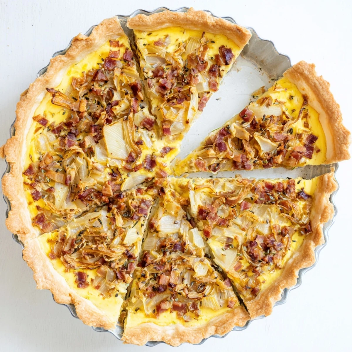 Savory German onion pie tart sliced showing creamy custard filling with golden melted cheese topping
