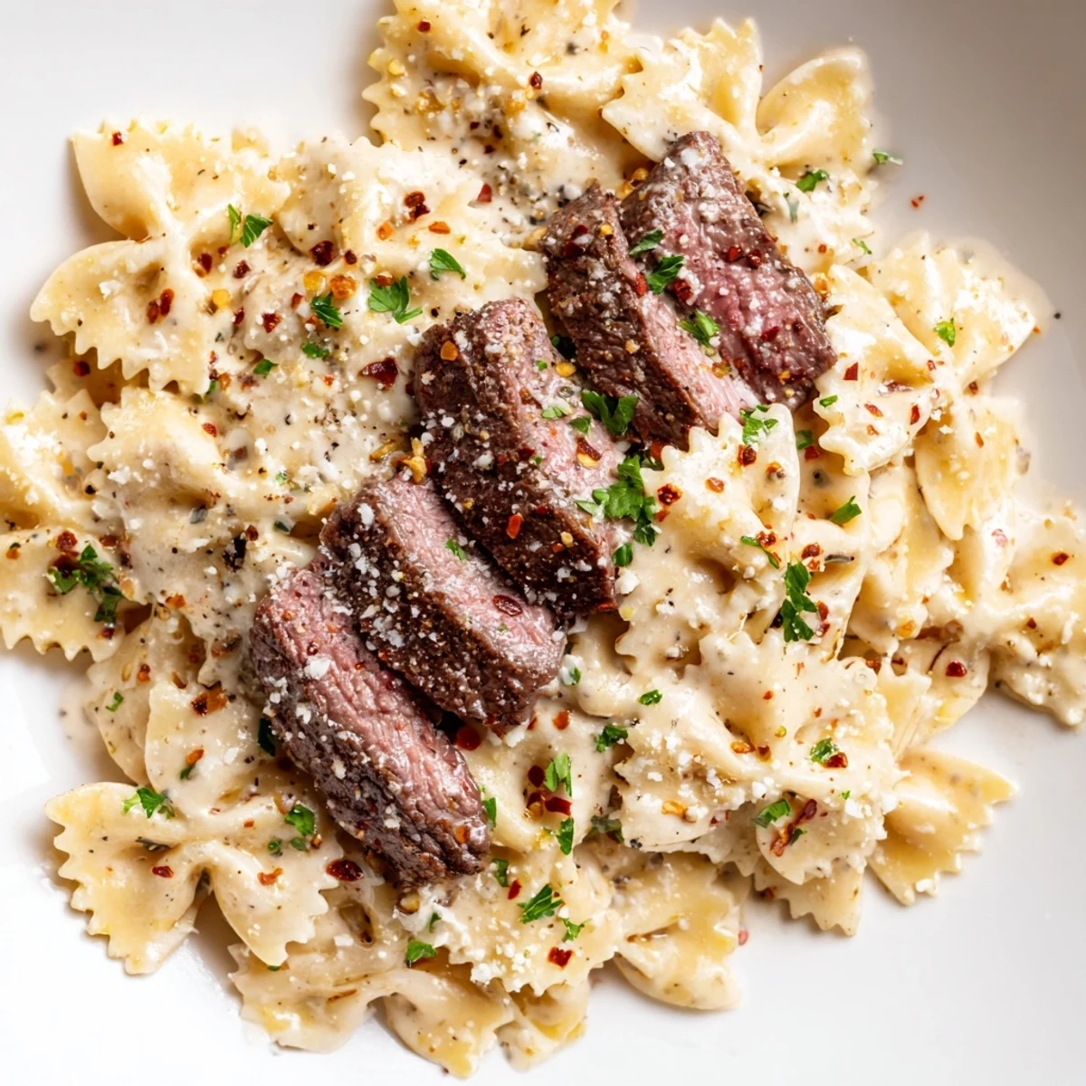 Cajun cream cheese Alfredo bowties tossed with spice-rubbed beef and fresh parsley garnish