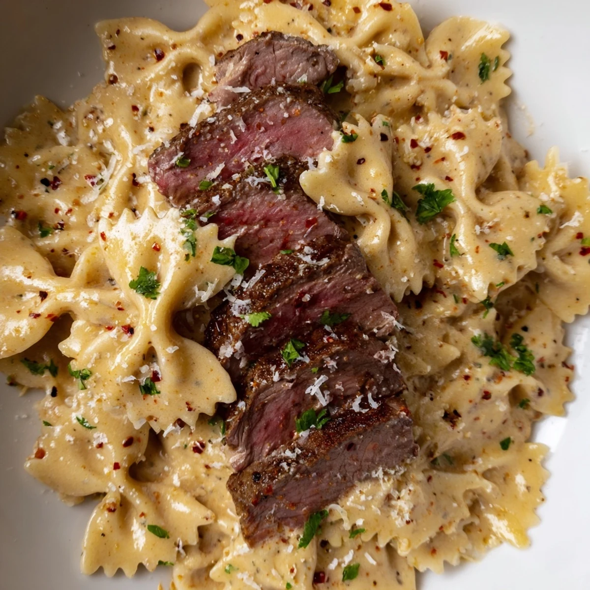 Creamy Cajun pasta with tender spiced beef and melted Parmesan on white plate