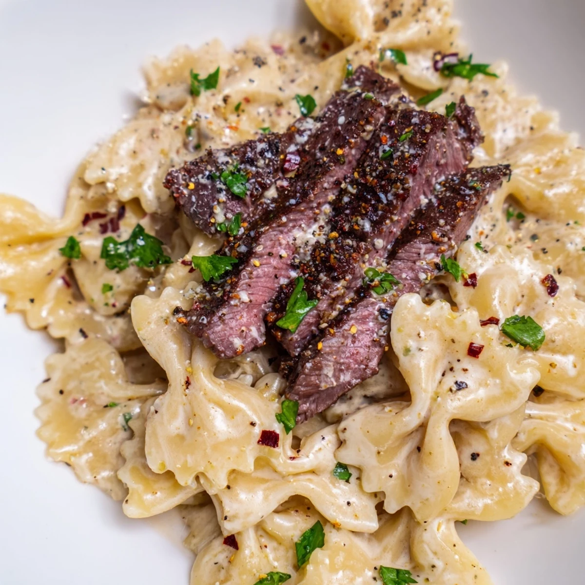 Zesty Alfredo bowties topped with seasoned beef in a rich Cajun cream sauce