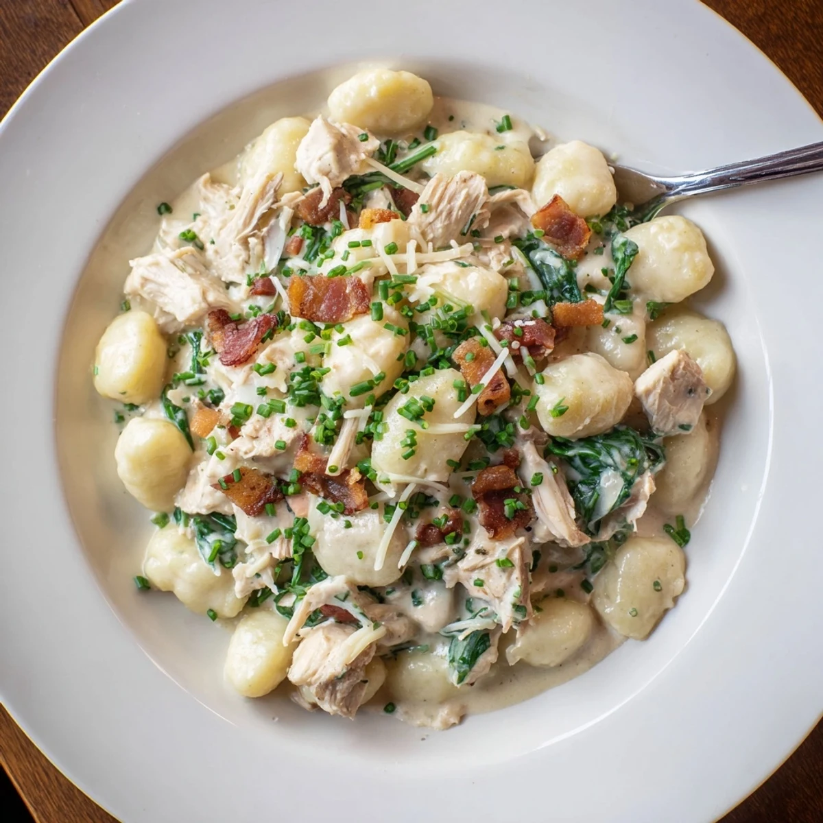 Creamy crack chicken gnocchi with crispy bacon bits and wilted spinach in a rich cheese sauce