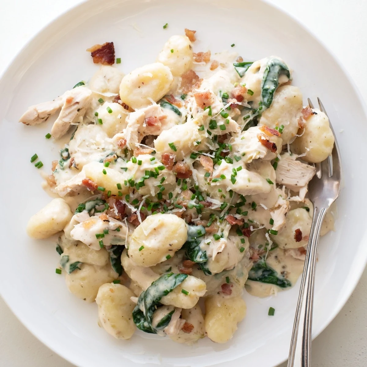 Golden brown chicken and tender potato gnocchi swimming in a velvety ranch cream sauce with melted mozzarella