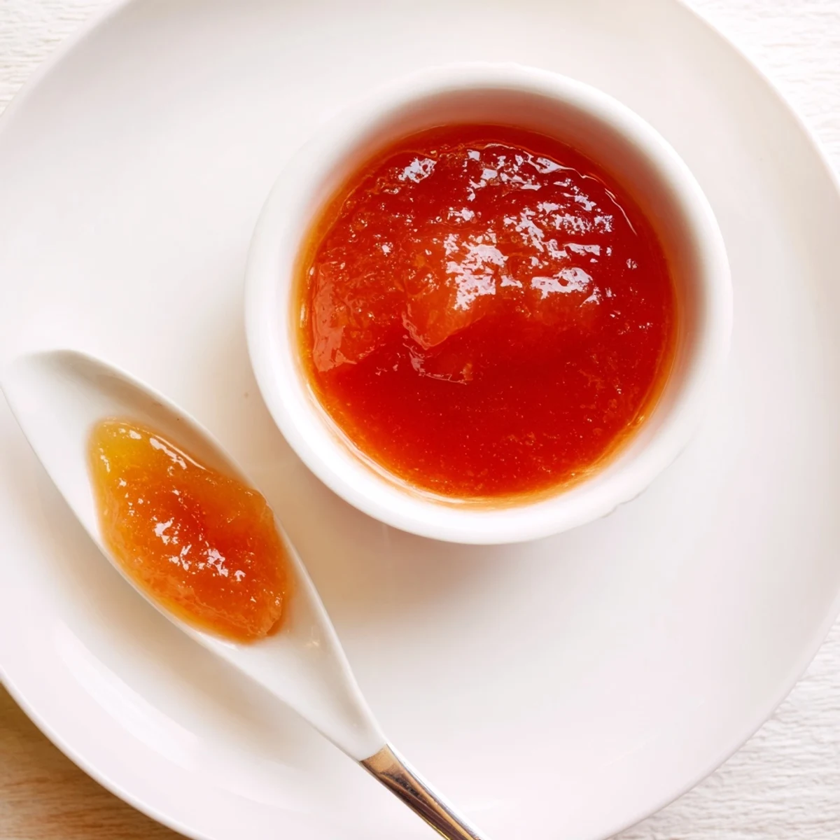 Homemade McDonalds sweet and sour sauce drizzled beside golden french fries on wooden board
