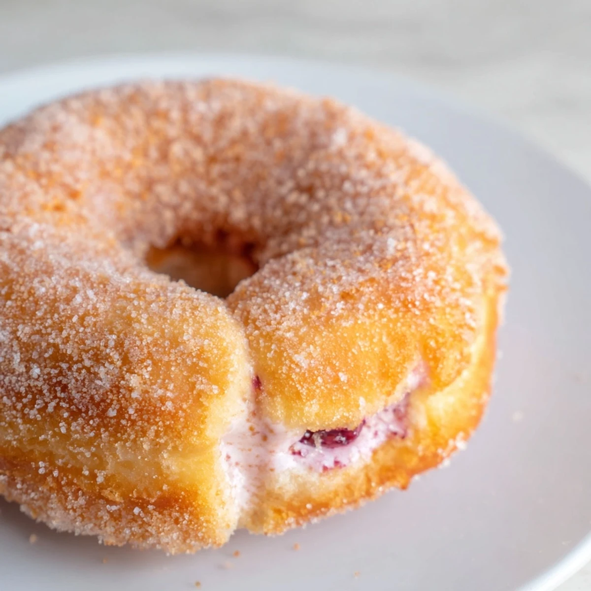 Golden strawberry cream filled doughnuts dusted with sugar on a white plate
