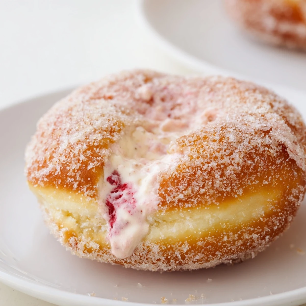 Fluffy fried doughnuts bursting with fresh strawberry cream filling and sugar coating
