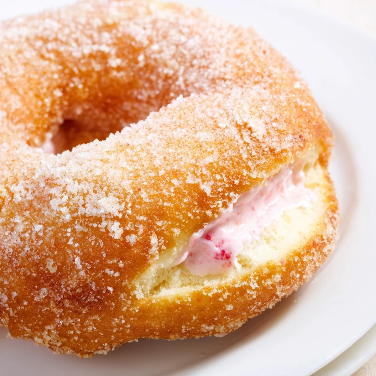 Homemade strawberry cream filled doughnuts split open to reveal pink creamy center