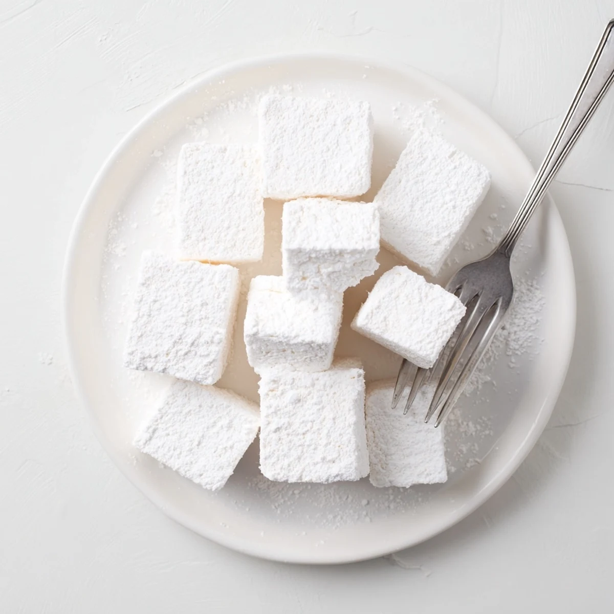 Fluffy white homemade marshmallows dusted with powdered sugar and arranged in neat squares on a wooden cutting board