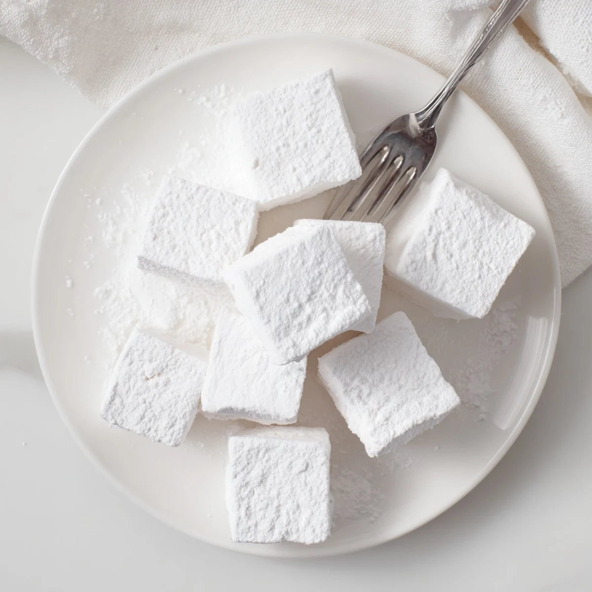 Glossy white homemade marshmallows piled high with confectioners sugar coating on a rustic serving platter for dessert