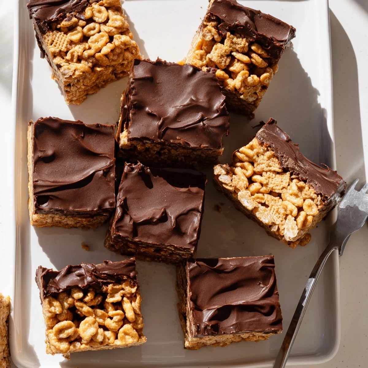 Golden gluten-free honey Chex chocolate peanut butter bars arranged on a white serving plate