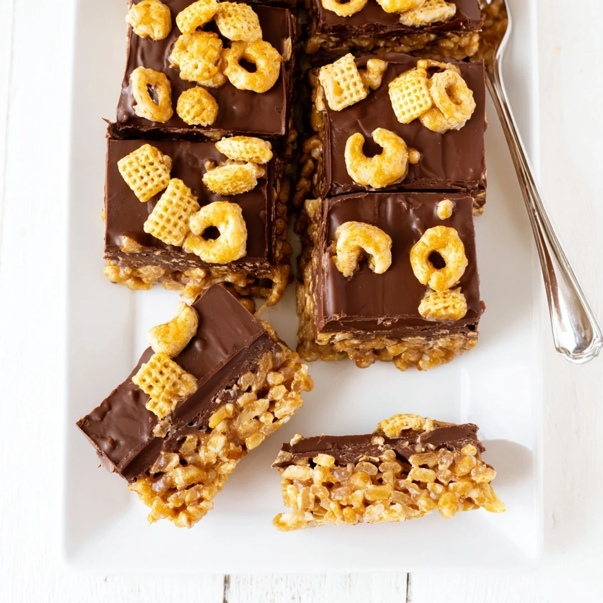 Chocolate-topped honey Chex peanut butter bars sliced into squares on a wooden board