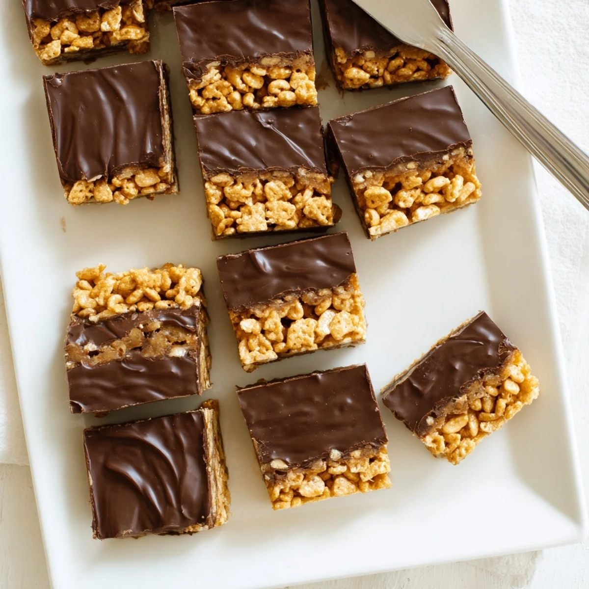 Rich chocolate layer drizzled over crispy gluten-free honey Chex peanut butter cereal bars