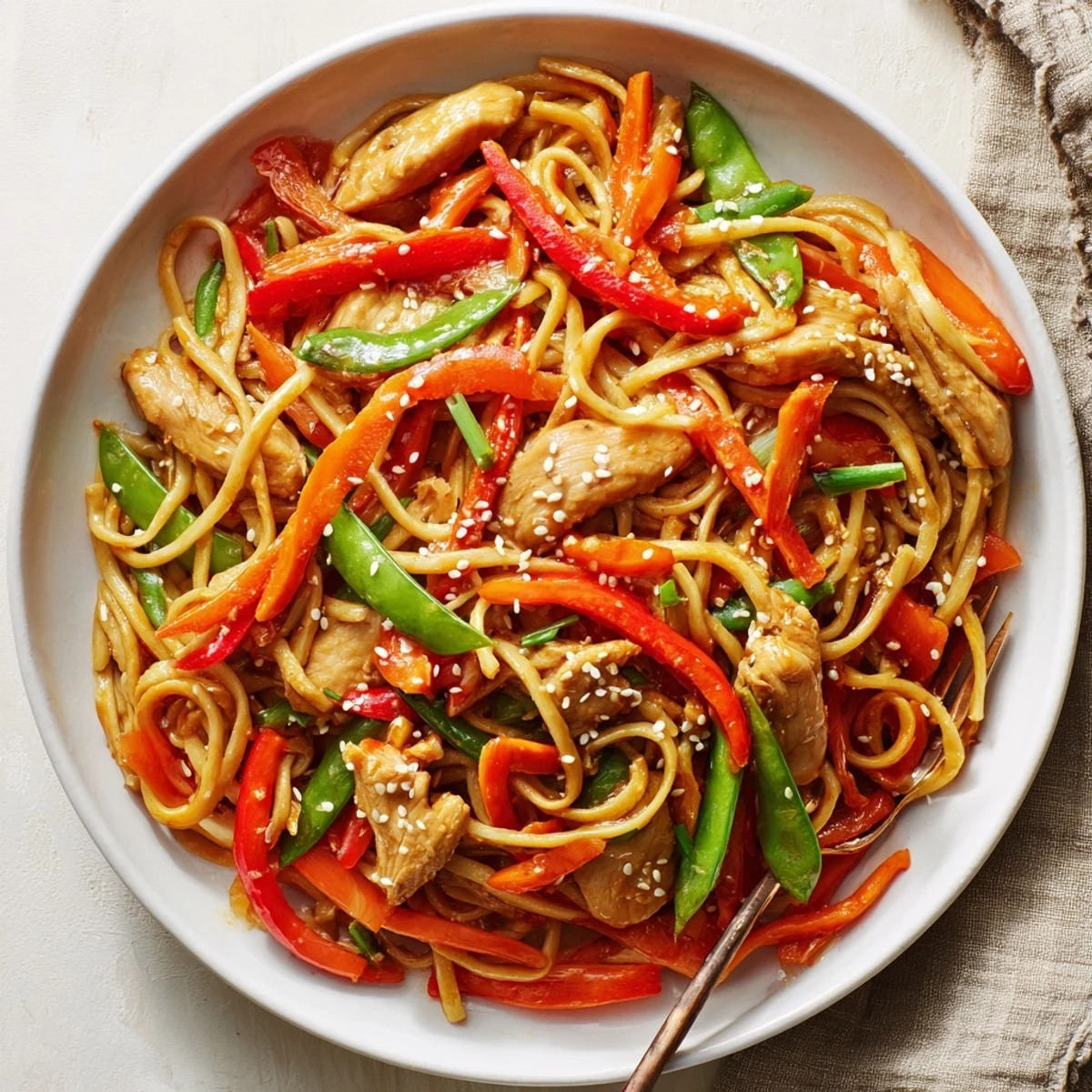 Golden sticky garlic chicken noodles with colorful vegetables coated in glossy sweet-salty sauce