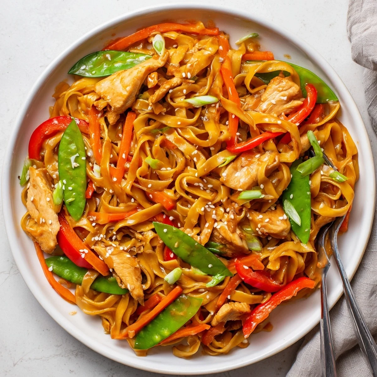 Steamy bowl of sticky garlic chicken noodles featuring tender meat and crisp-tender veggies