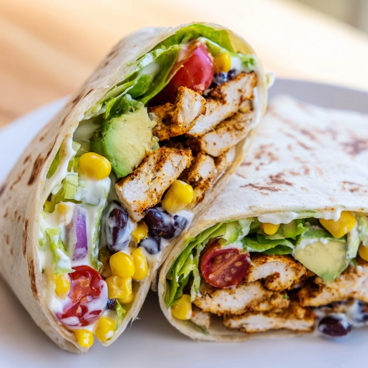 Golden sliced Southwest chicken wraps revealing seasoned chicken, colorful vegetables, and creamy sauce on a white plate