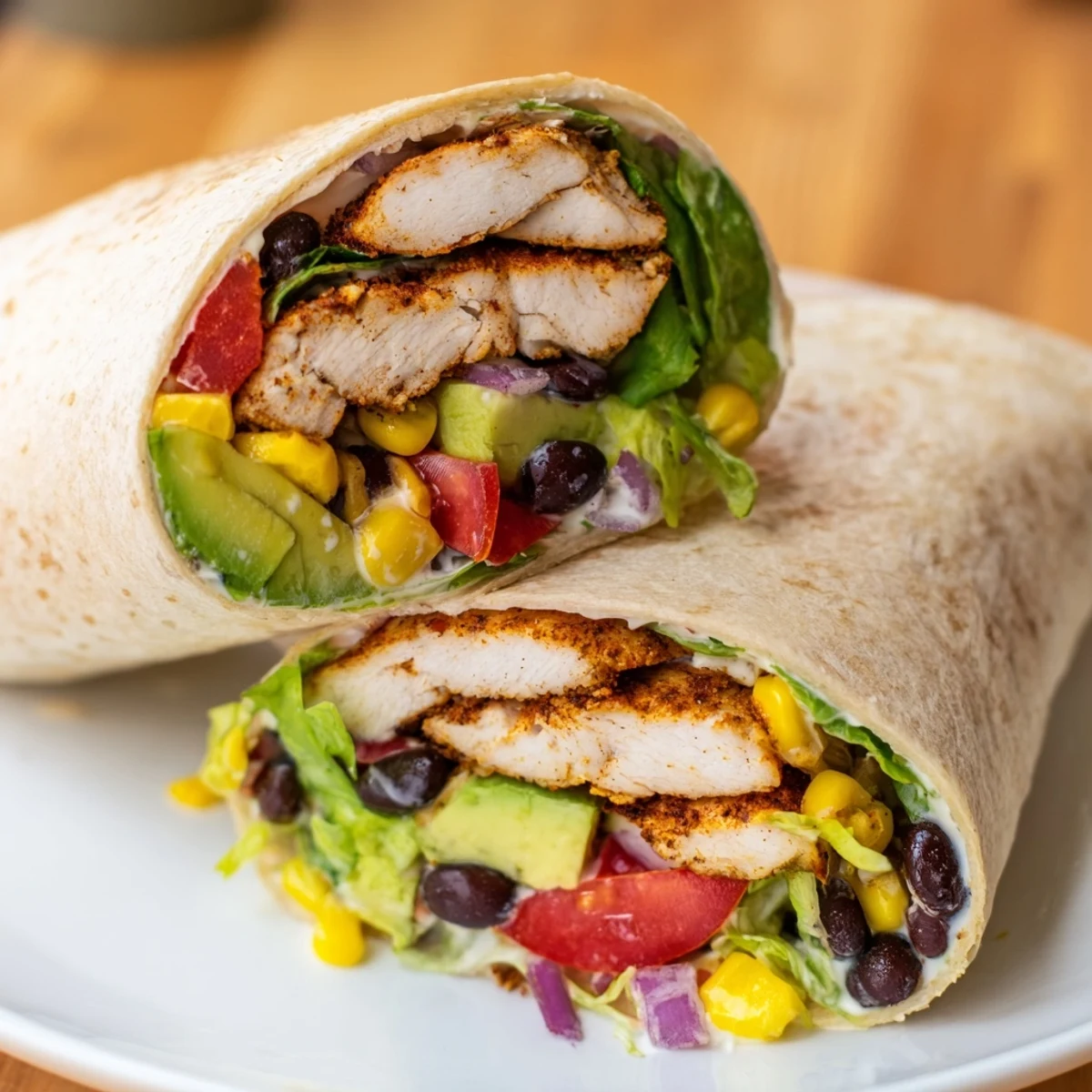 Hand-held Southwest chicken wraps filled with grilled spiced chicken, crisp lettuce, tomatoes, and zesty lime dressing