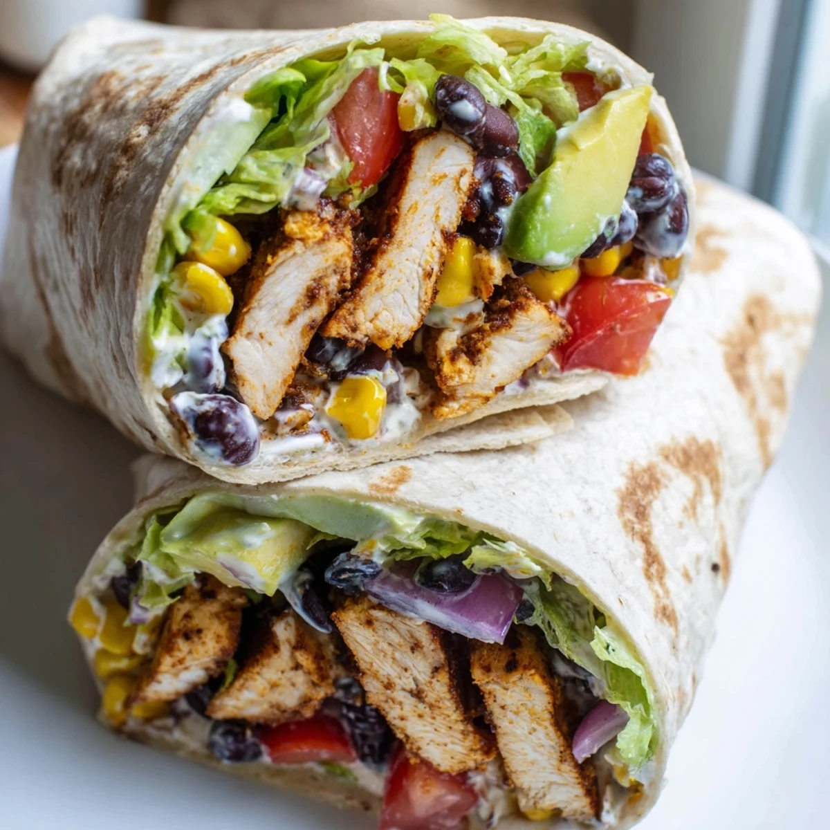 Warm flour tortilla wraps stuffed with southwest spiced chicken, black beans, corn, and creamy avocado slices