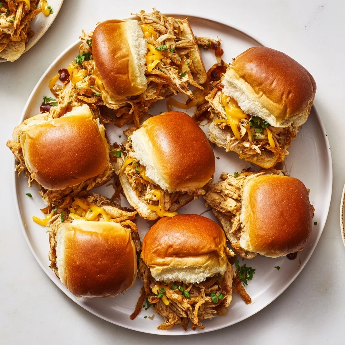 Golden barbecue chicken sliders piled high with melted cheddar and crispy fried onions on toasted buns
