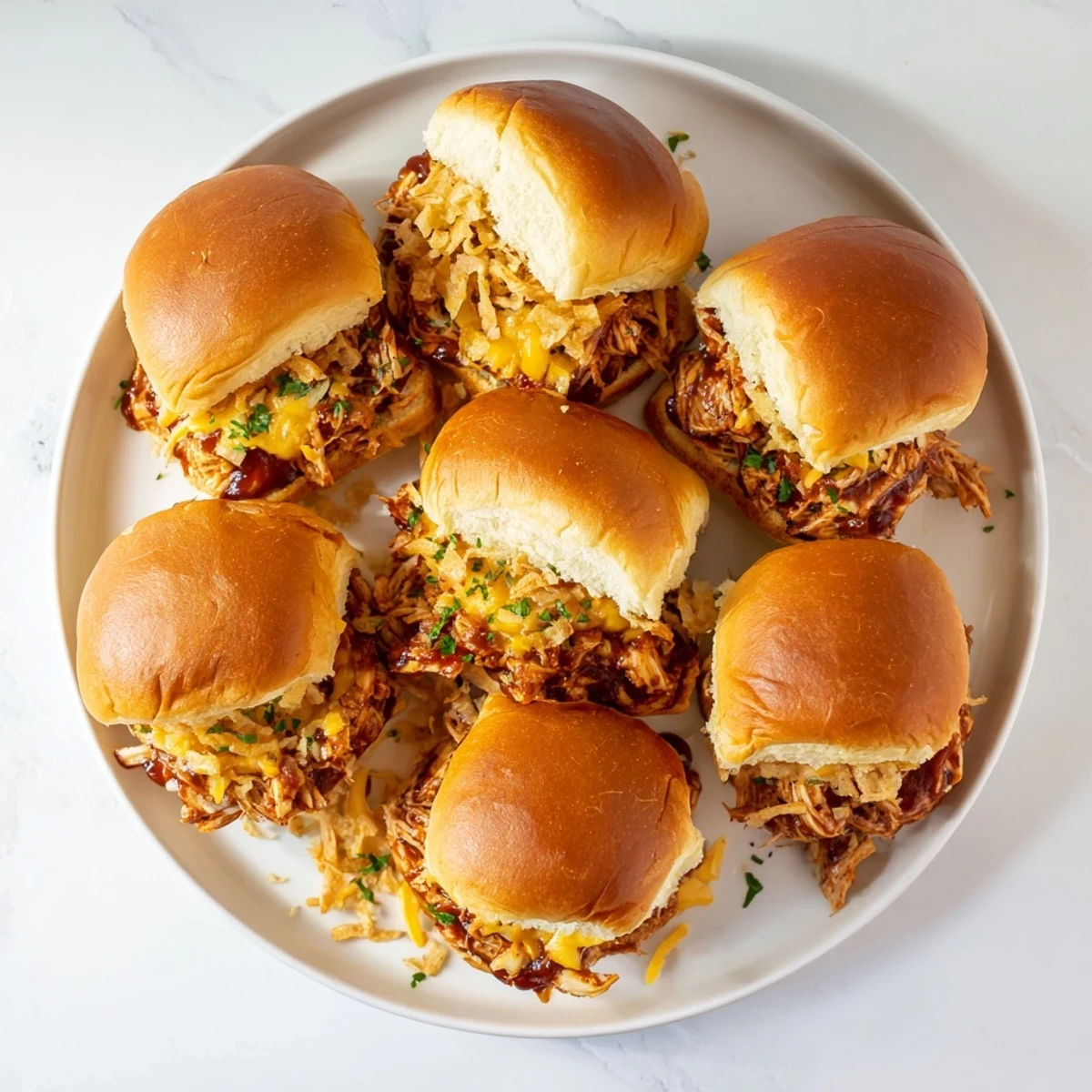 Mississippi Mud Chicken Sliders featuring juicy shredded chicken in smoky sauce topped with cheese and crunch