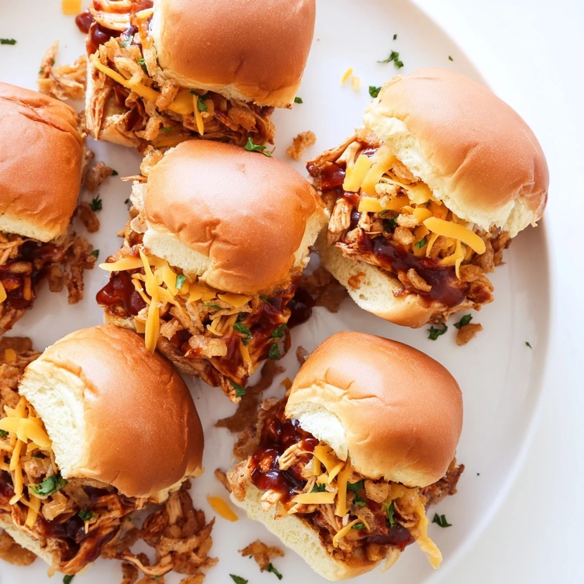 Baked slider buns overflowing with tangy barbecue chicken, sharp cheddar, and buttery toasted tops