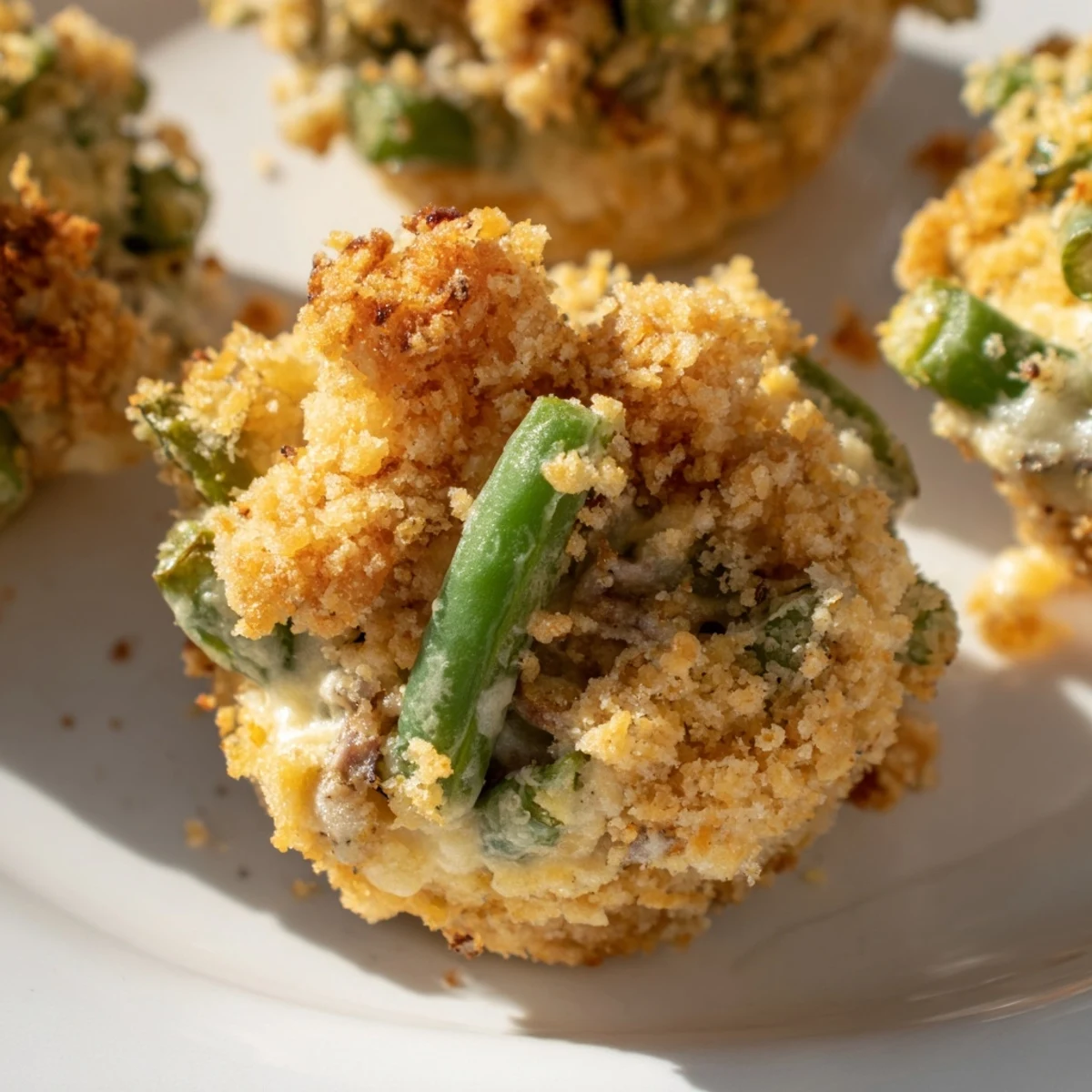 Golden brown garlic parmesan green bean casserole cups topped with crispy breadcrumbs