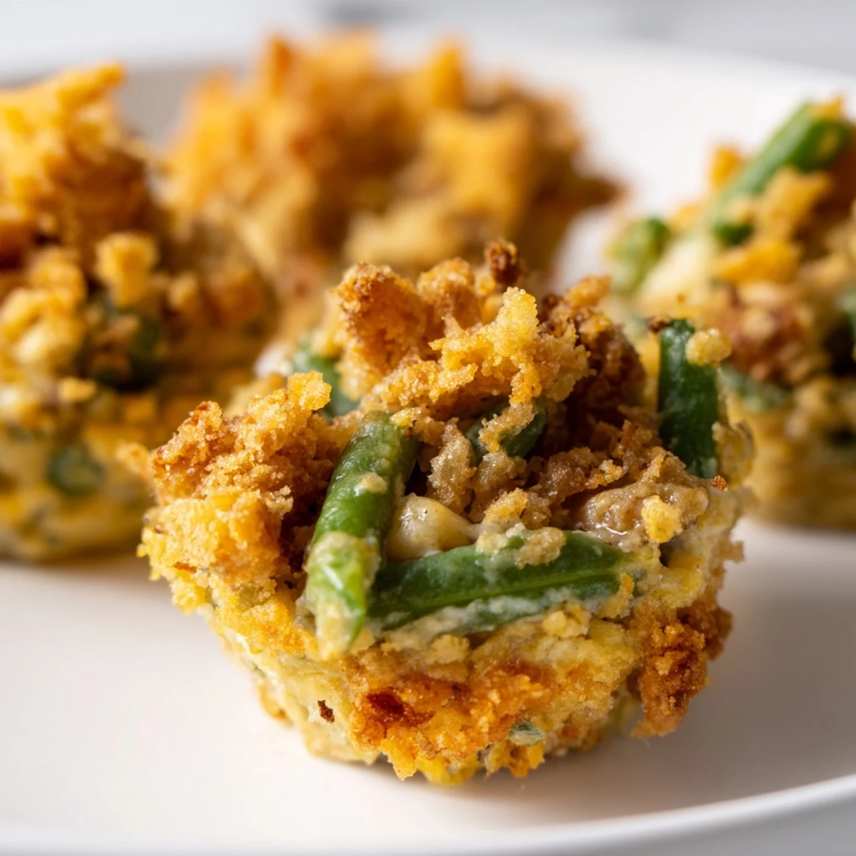 Individual green bean casserole portions baked in muffin tins with savory cheese coating