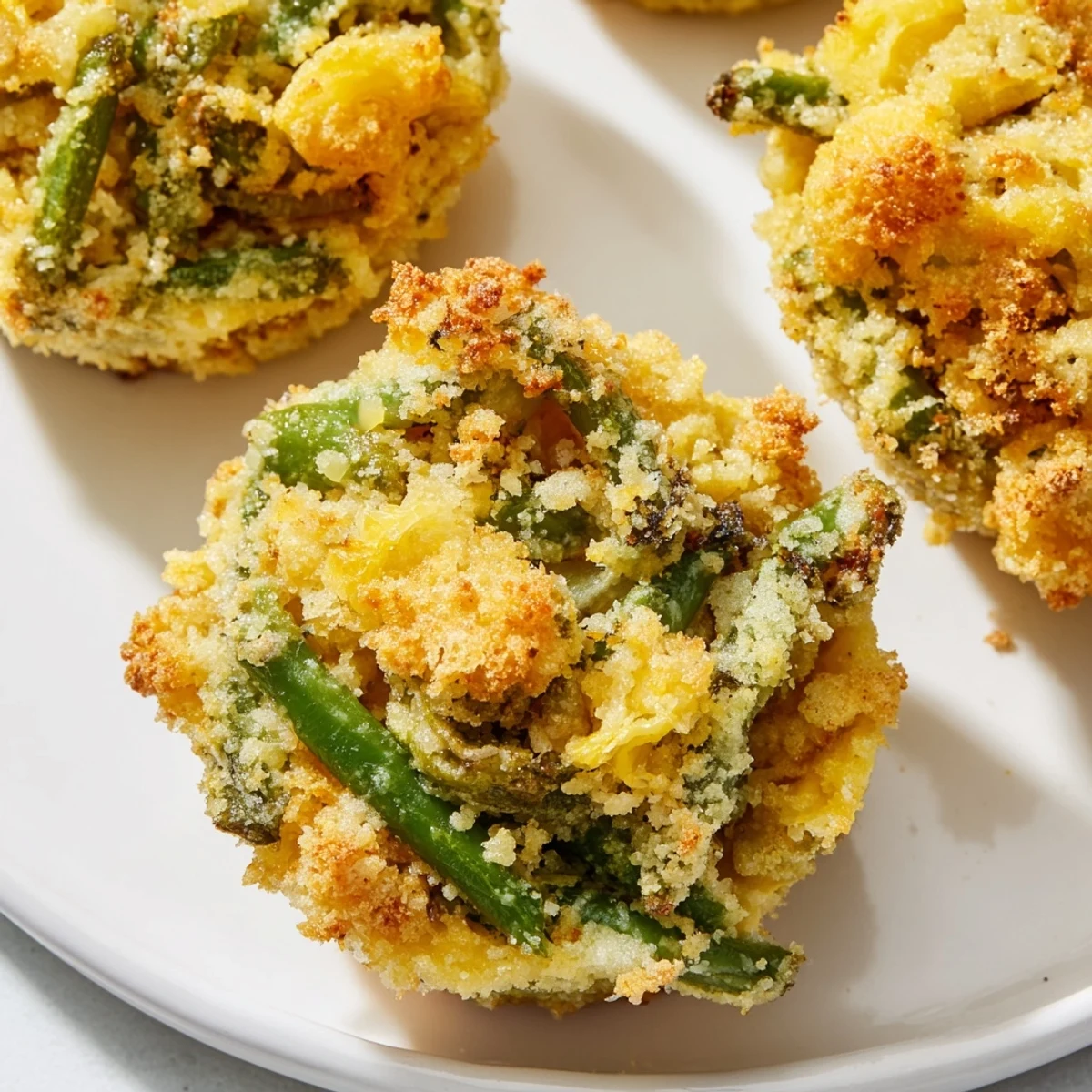 Creamy parmesan green bean casserole cups with golden crust served on white plate