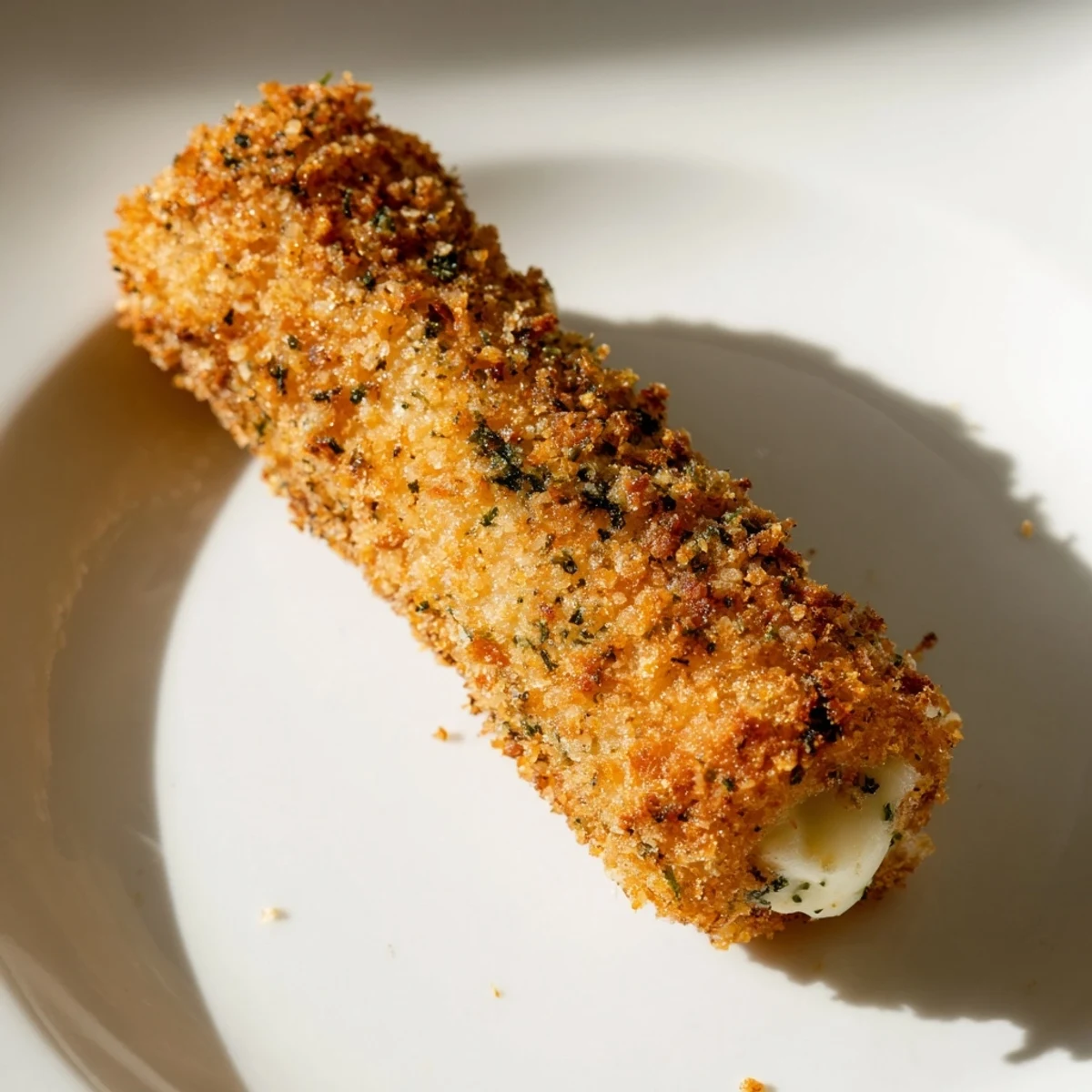 Plate of baked mozzarella sticks with Italian herbs and glistening olive oil spray
