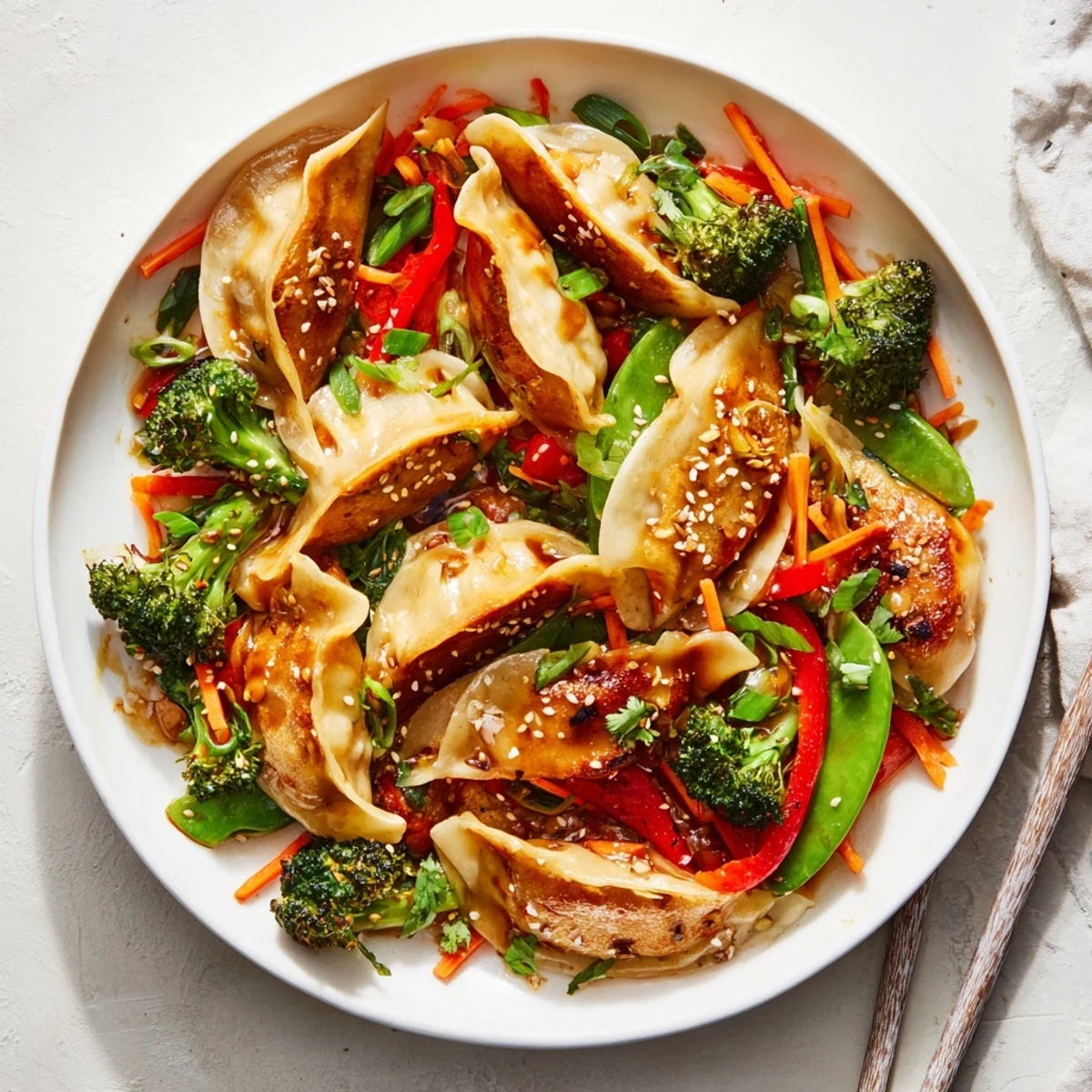Golden brown pan-fried dumplings stir-fried with colorful vegetables in glossy garlic sauce