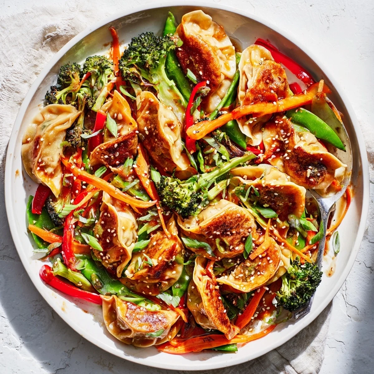 Vibrant Asian-inspired dumpling stir fry featuring crisp broccoli and peppers coated in savory garlic glaze