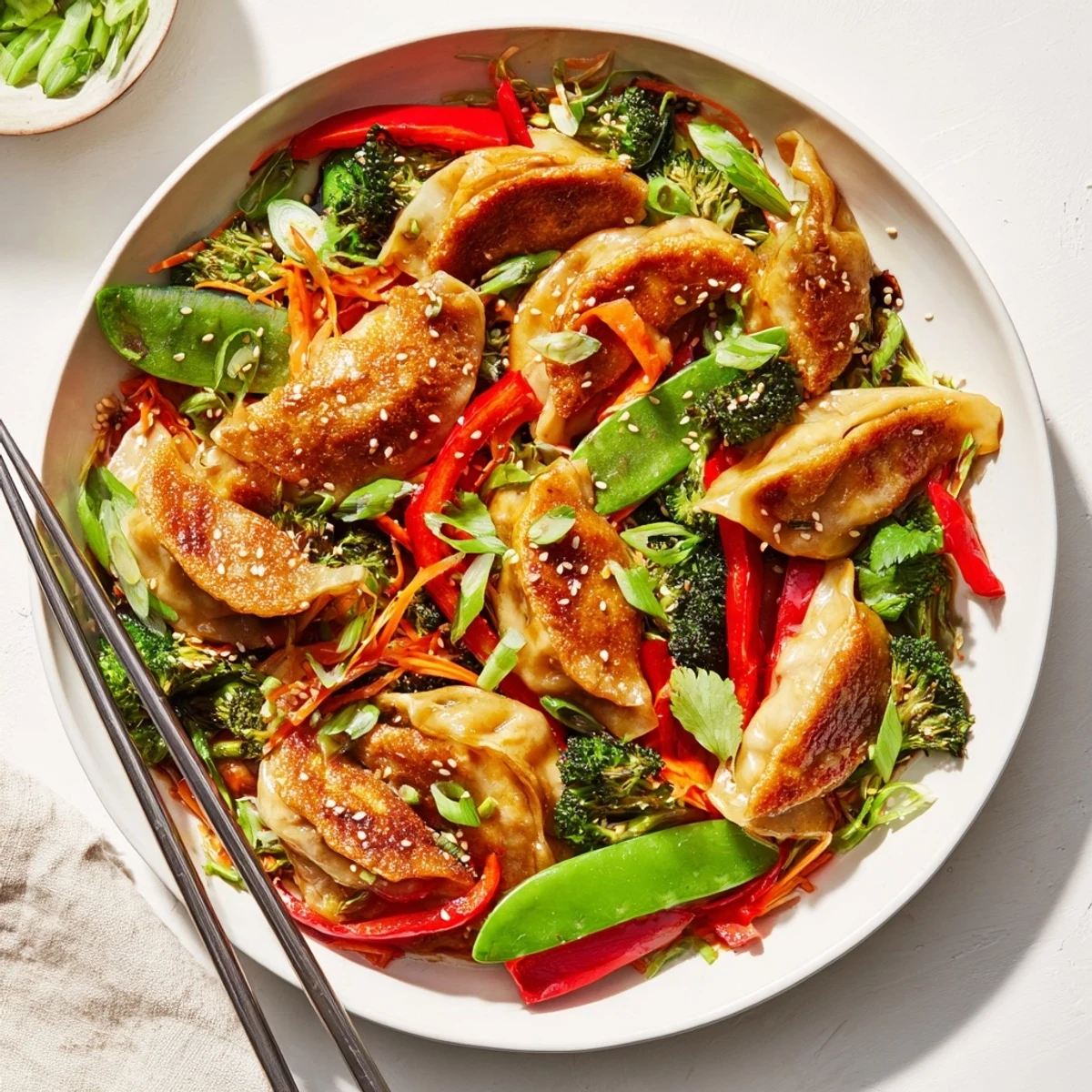 Plated vegetable dumpling stir fry drizzled with thick garlic sauce and sprinkled with sesame seeds